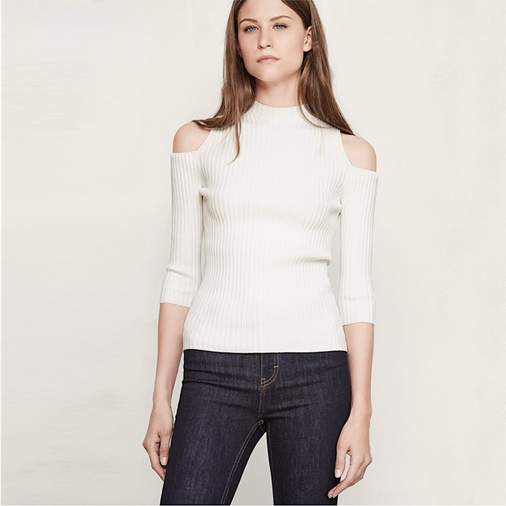 MAJE Ivory Rib Knit Mockneck Cutout Shoulder Slim Fit Scandi Girl‎ Sweater M